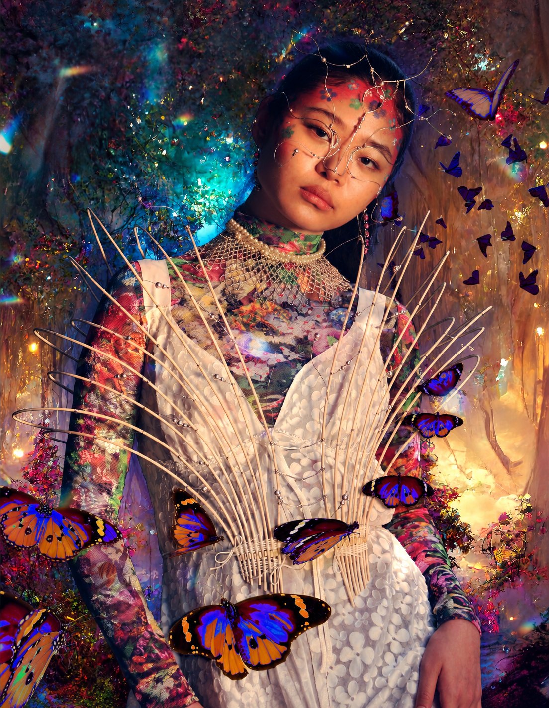 Butterfly editorial, figure in a caned bodice, Strike Magazine