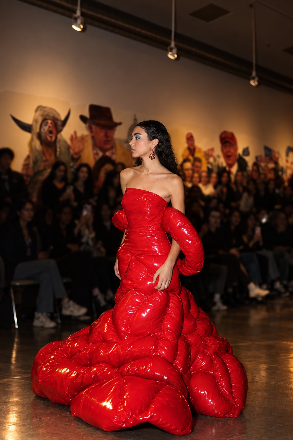 A model in a sculptural glossy red puffer gown on the Strike fashion show runway