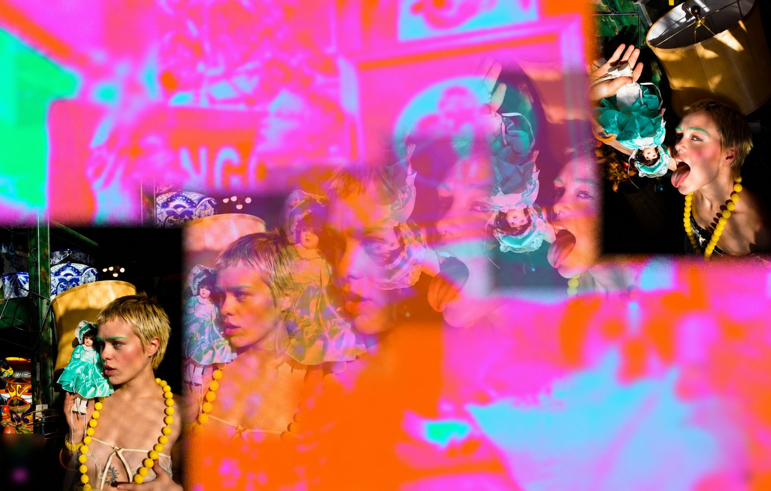 A layered multi-exposure of a figure with a porcelain doll in saturated pink, orange and teal light, Strike Magazine editorial