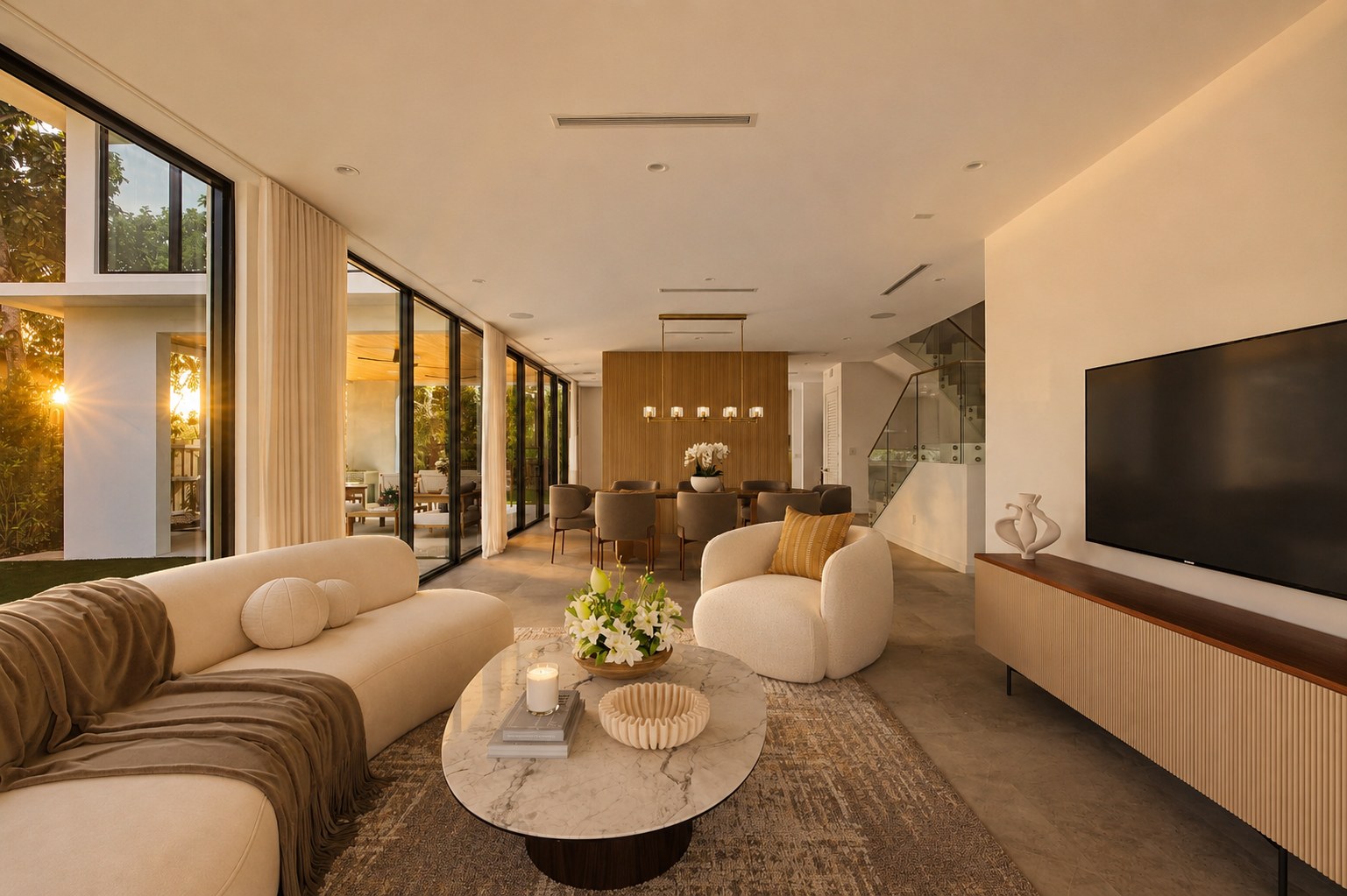 A warm living room at sunset, cream curved sofa and marble table, light falling through the garden doors