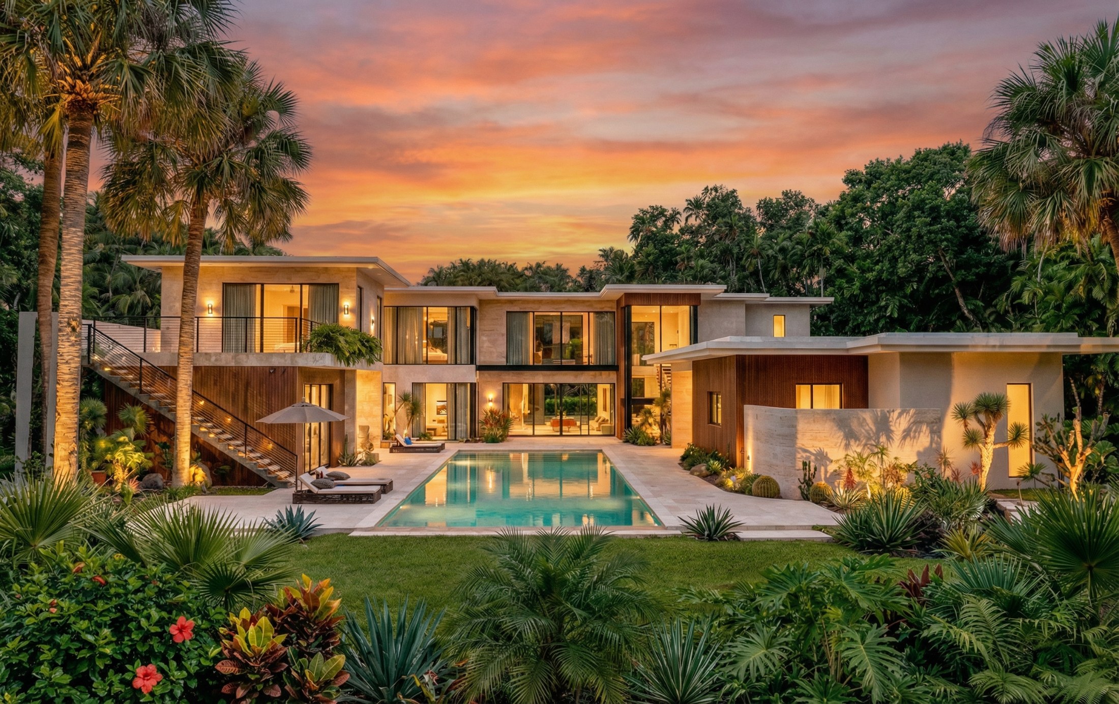 A Hollub home at sunset, lit windows reflected in the pool beneath a pink and orange sky